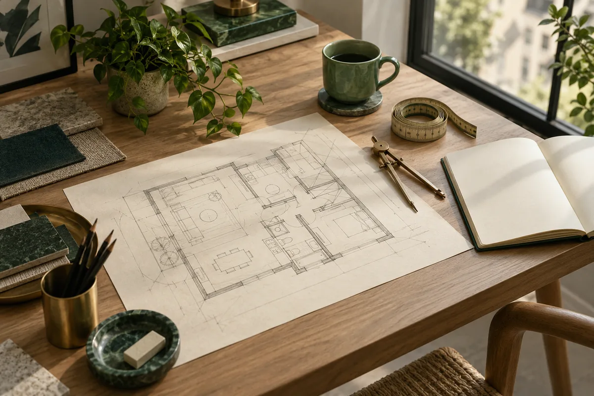 Table de travail avec plan au crayon, mètre ruban et carnet ouvert
