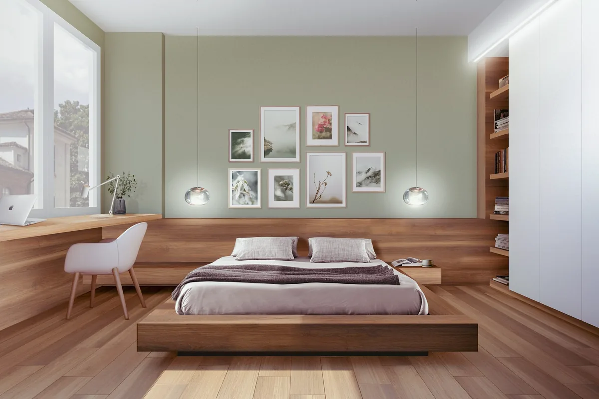 Chambre vert sauge avec lit bas en bois