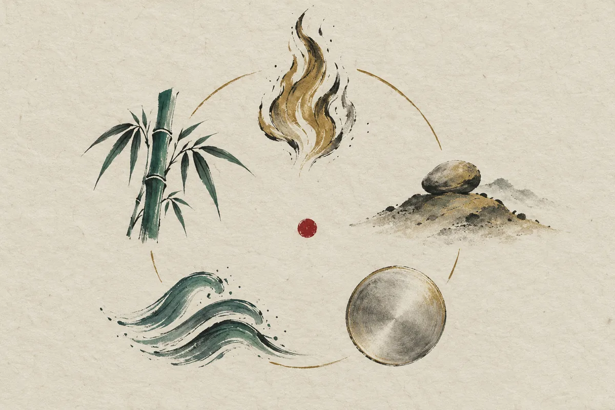 Cinq motifs à l’encre : bambou, flamme, galet, disque de métal, vagues