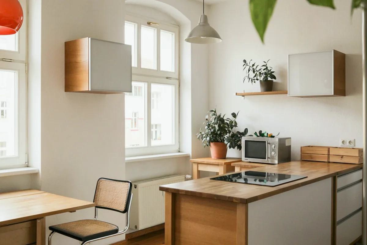 Cuisine claire avec îlot en bois, fenêtres hautes et plantes